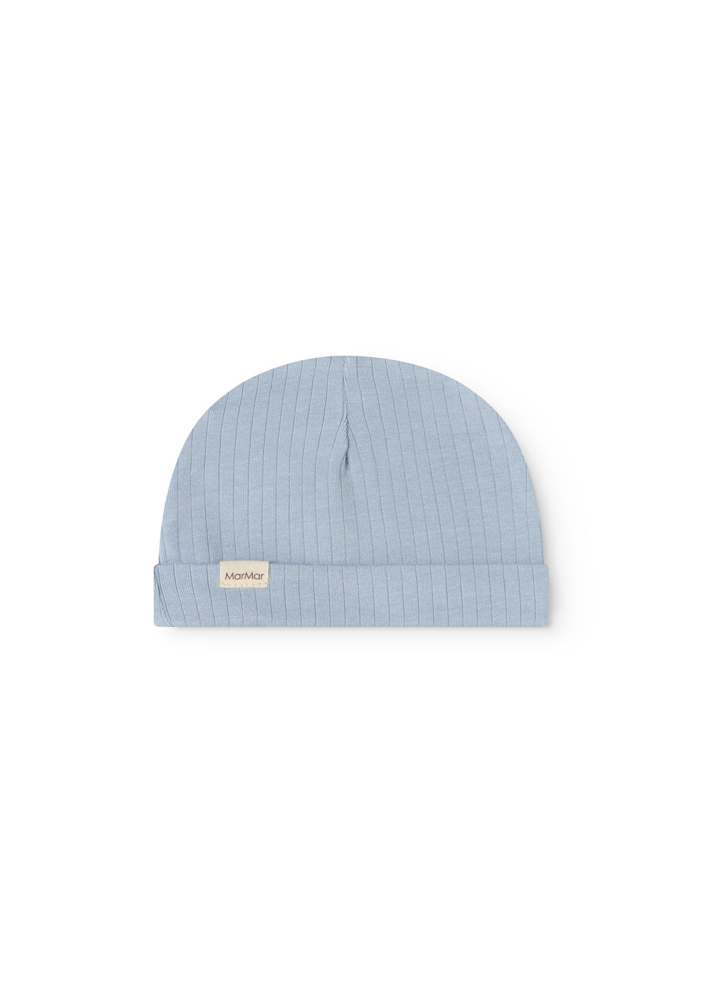 Blue ribbed knit hat with folded edge and small logo tag