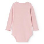 Pink long-sleeve bodystocking with round neckline and ribbed texture