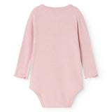 Pink long-sleeve bodystocking with round neckline and ribbed texture