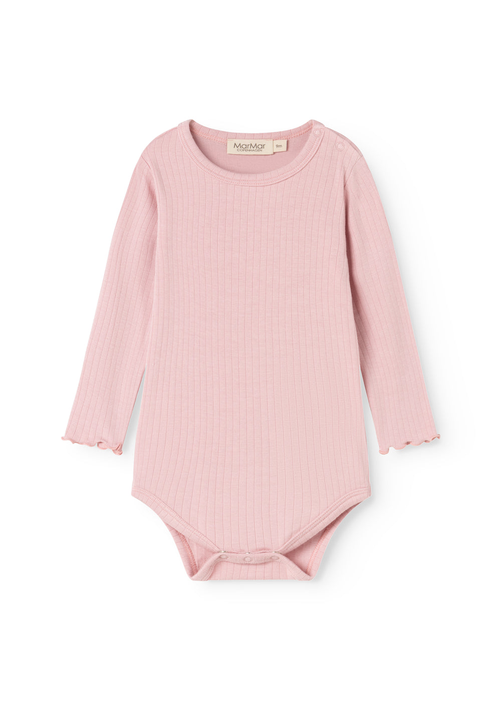 Pink long-sleeve bodystocking with a round neckline and a snap closure at the crotch.