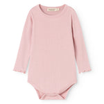 Pink long-sleeve bodystocking with a round neckline and a snap closure at the crotch.