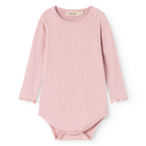 Pink long-sleeve bodystocking with a round neckline and a snap closure at the crotch.