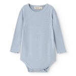 Light blue bodystocking with long sleeves and ribbed texture.