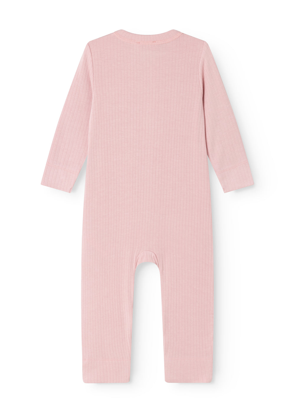 Pink baby jumpsuit with long sleeves and a round neckline, seen from the back.