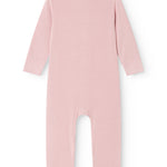 Pink baby jumpsuit with long sleeves and a round neckline, seen from the back.
