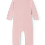 Pink baby jumpsuit with long sleeves and a round neckline, seen from the back.