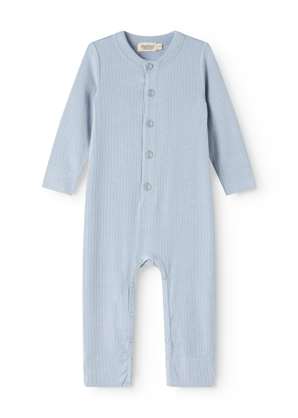 Light blue jumpsuit with front button closure and long legs.
