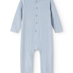 Light blue jumpsuit with front button closure and long legs.
