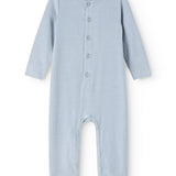 Light blue jumpsuit with front button closure and long legs.