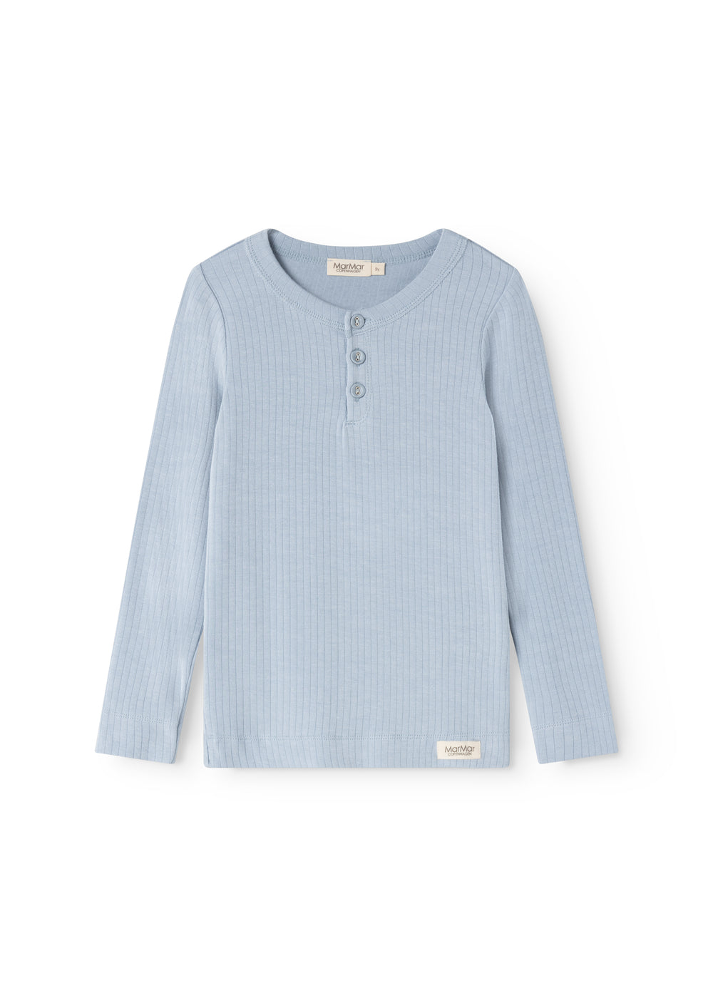 Light blue long-sleeve T‑shirt with front button closure and small round neckline.