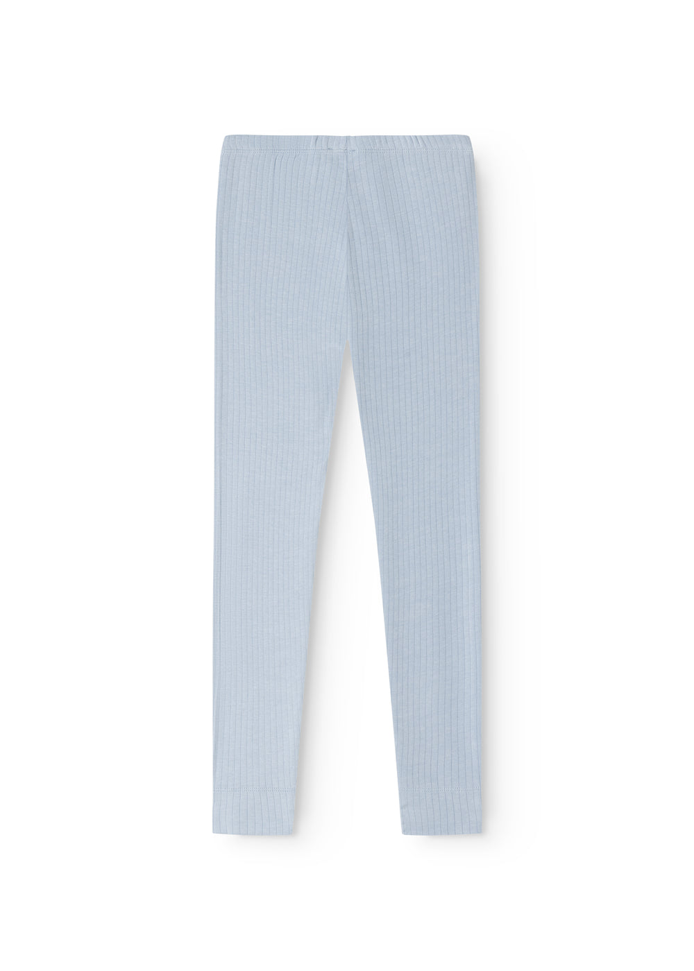 Light blue long leggings with smooth front side and straight legs, seen from behind.