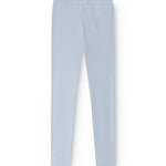 Light blue long leggings with smooth front side and straight legs, seen from behind.