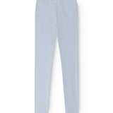 Light blue long leggings with smooth front side and straight legs, seen from behind.