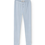 Light blue long leggings with a zip closure in the crotch and a slim fit.