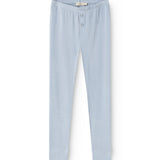 Light blue long leggings with a zip closure in the crotch and a slim fit.