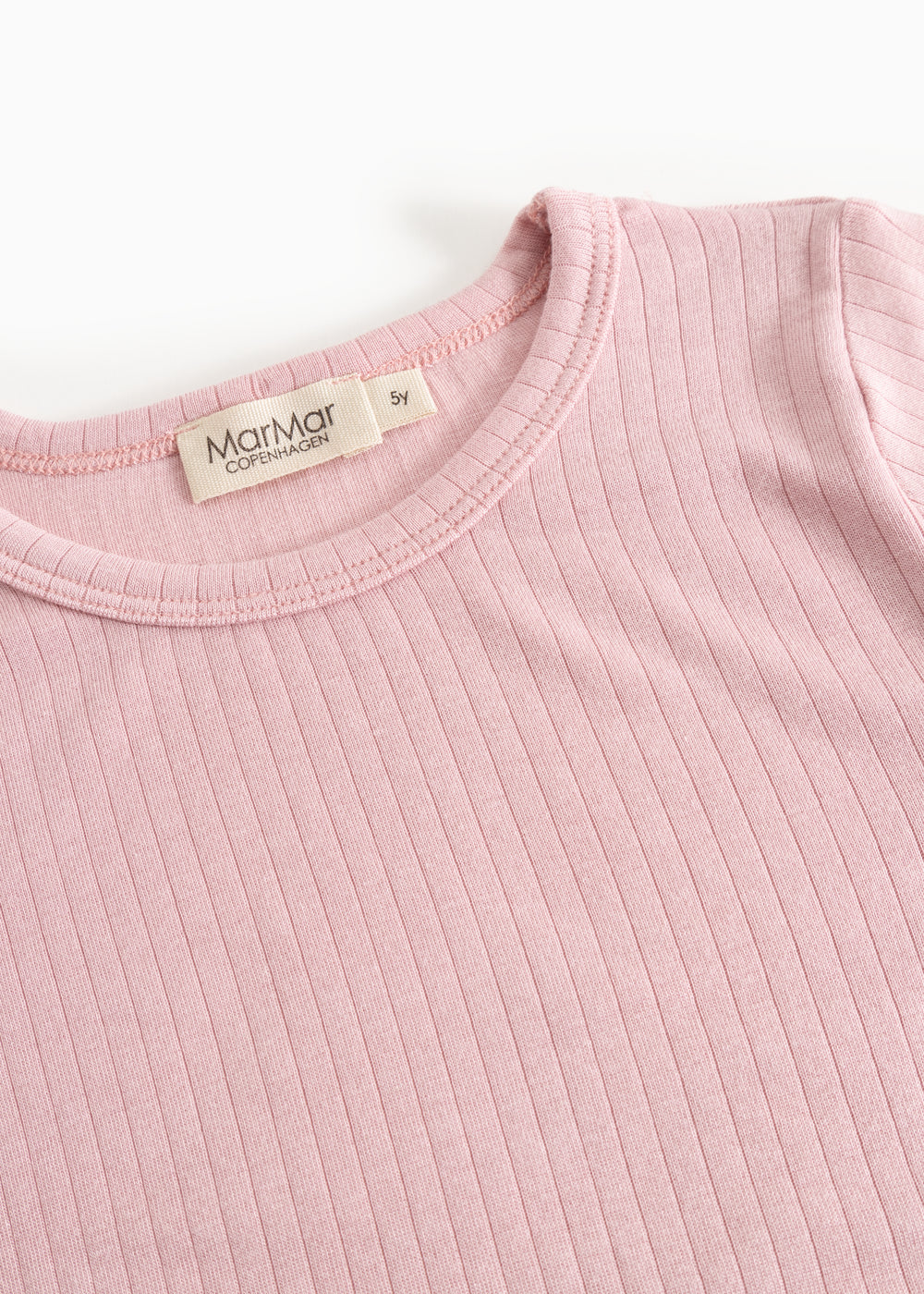 Pink rib-knit long-sleeve T‑shirt with round neck and MarMar brand.