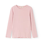 Pink ribbed long-sleeve T‑shirt with round neckline