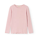 Pink ribbed long-sleeve T‑shirt with round neckline
