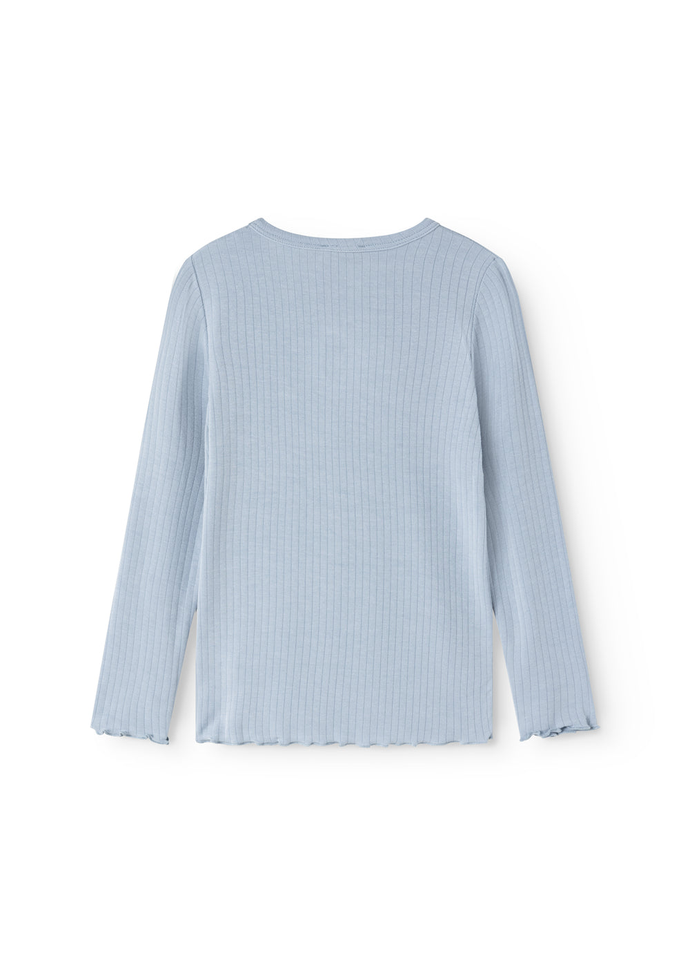 Light blue long-sleeve t‑shirt with ribbed texture and crew neck, view from behind.