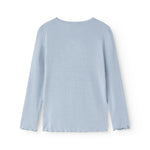 Light blue long-sleeve t‑shirt with ribbed texture and crew neck, view from behind.