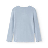 Light blue long-sleeve t‑shirt with ribbed texture and crew neck, view from behind.