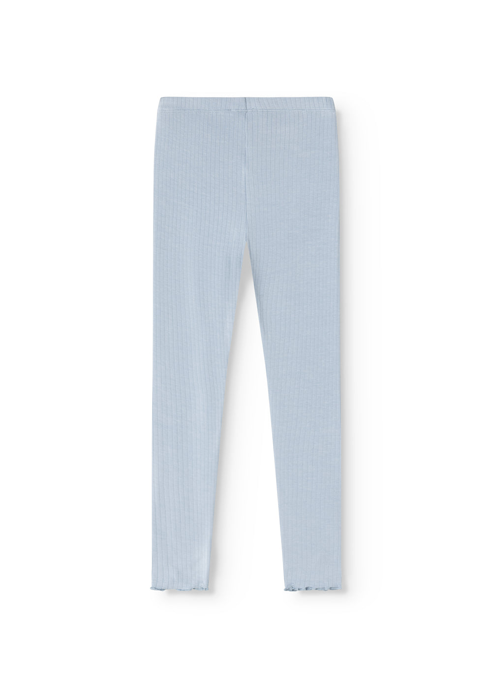 Light blue full-length leggings with elastic waist and straight legs.