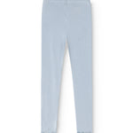 Light blue full-length leggings with elastic waist and straight legs.