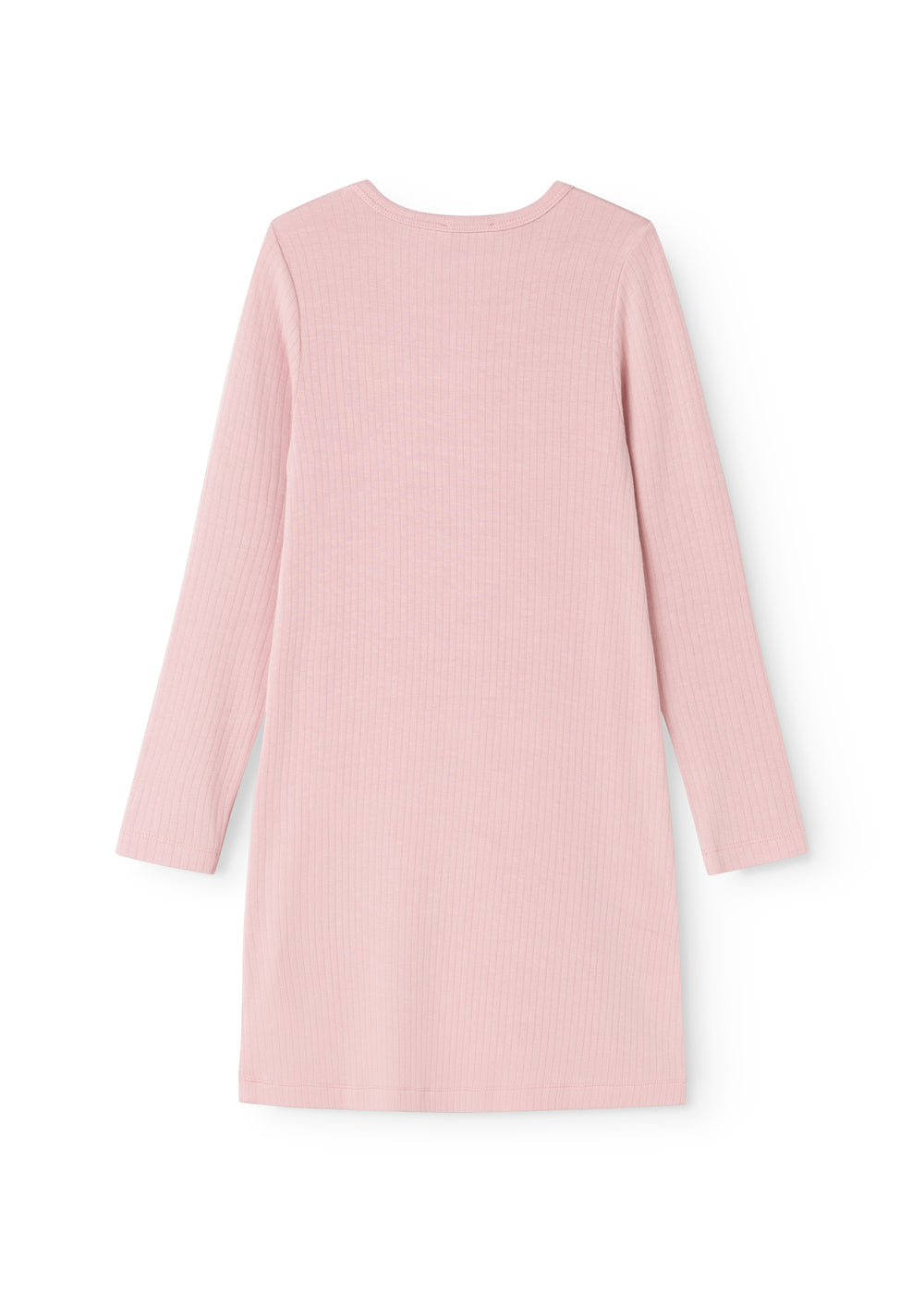 Pink evening dress with long sleeves, round neckline, and straight fit.