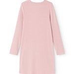 Pink evening dress with long sleeves, round neckline, and straight fit.