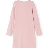 Pink evening dress with long sleeves, round neckline, and straight fit.