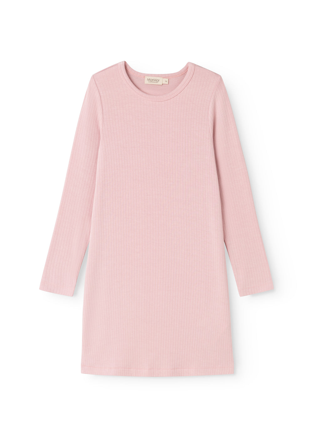 Pink evening dress with long sleeves and round neck, smooth rib structure.