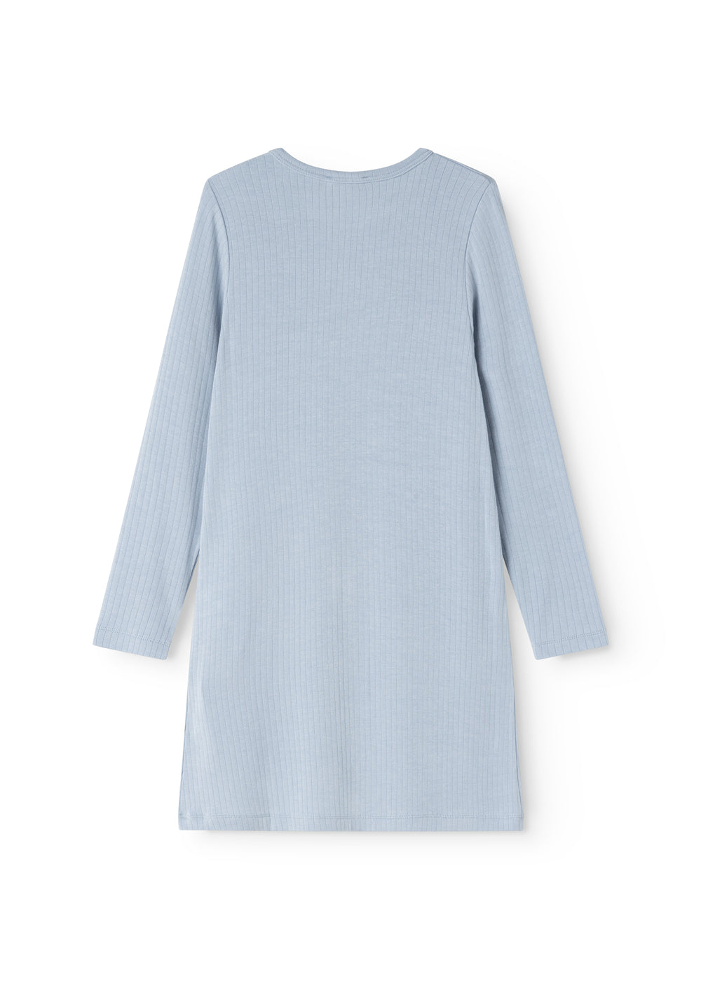Blue evening dress with long sleeves and round neckline, straight fit, ribbed surface.