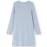 Blue evening dress with long sleeves and round neckline, straight fit, ribbed surface.