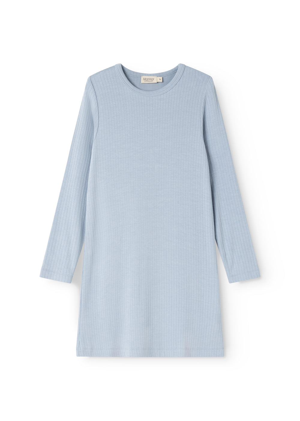 Blue evening dress with long sleeves and round neckline, solid knitted rib pattern.