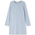 Blue evening dress with long sleeves and round neckline, solid knitted rib pattern.