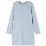 Blue evening dress with long sleeves and round neckline, solid knitted rib pattern.