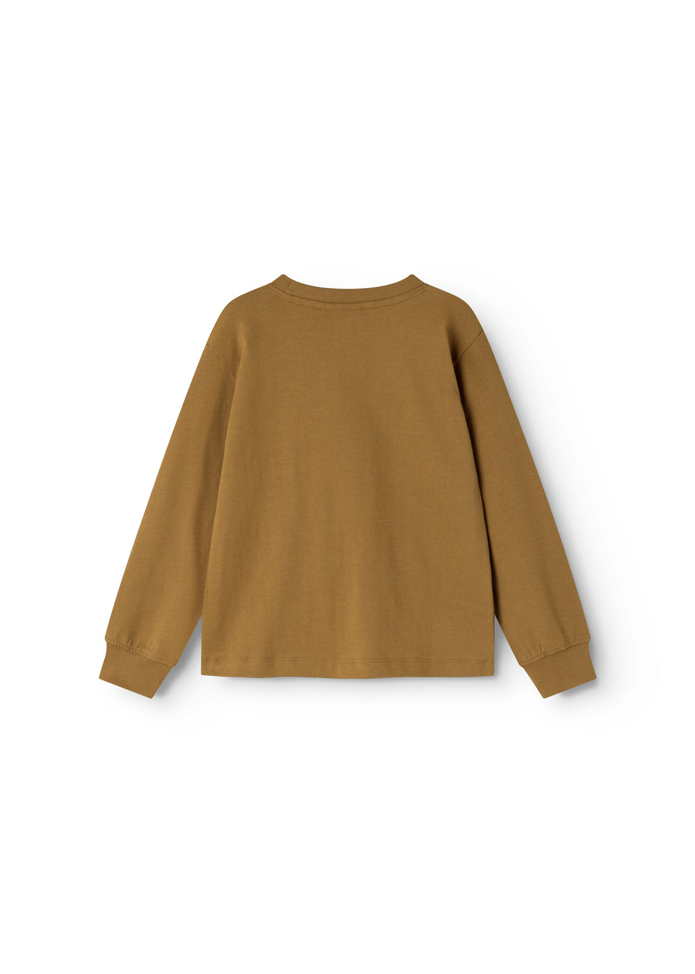 Caramel brown long-sleeve blouse with round neck and slightly dropped back.