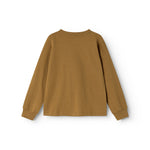 Caramel brown long-sleeve blouse with round neck and slightly dropped back.