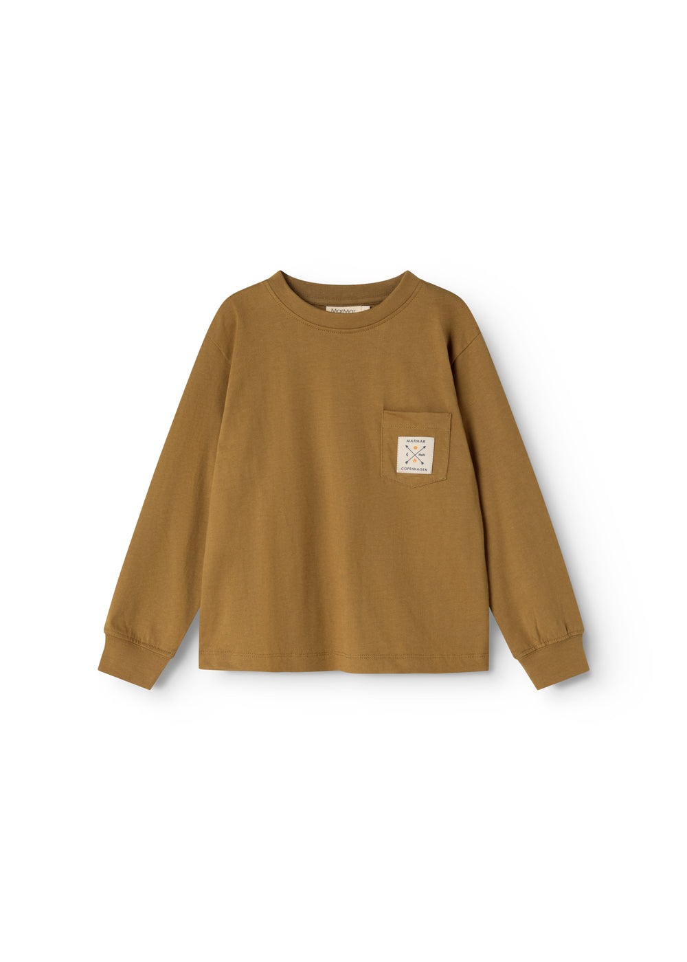 Caramel brown long-sleeve blouse with round collar and small chest pocket.