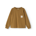 Caramel brown long-sleeve blouse with round collar and small chest pocket.