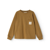 Caramel brown long-sleeve blouse with round collar and small chest pocket.