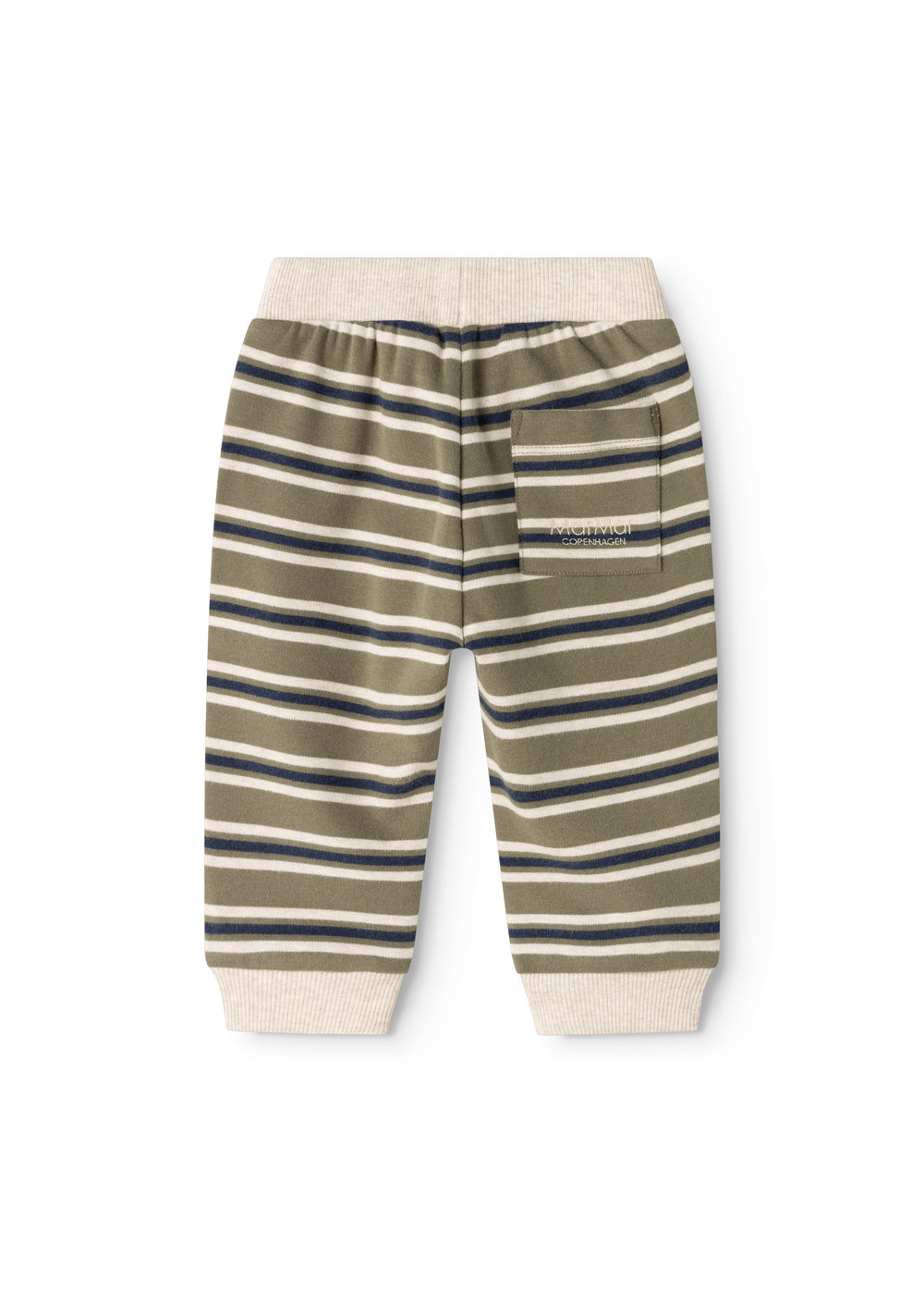 Kids' pants with elastic waist, visible back seam/overlap, and horizontal stripes.