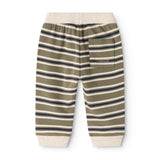Kids' pants with elastic waist, visible back seam/overlap, and horizontal stripes.