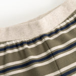 Kids' pants with ribbing at the waist and horizontal stripes in blue and gray.
