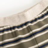 Kids' pants with ribbing at the waist and horizontal stripes in blue and gray.