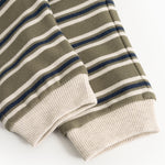 Kids' pants with ribbing at the legs and a striped pattern in blue and gray.