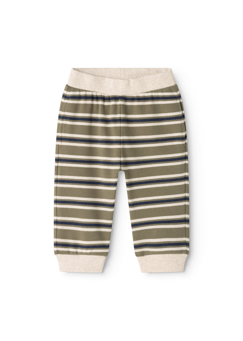 Kids' pants with elastic waist and horizontal stripes in gray, blue, and white.