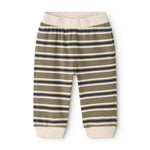 Kids' pants with elastic waist and horizontal stripes in gray, blue, and white.
