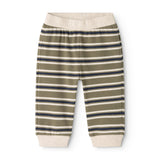 Kids' pants with elastic waist and horizontal stripes in gray, blue, and white.
