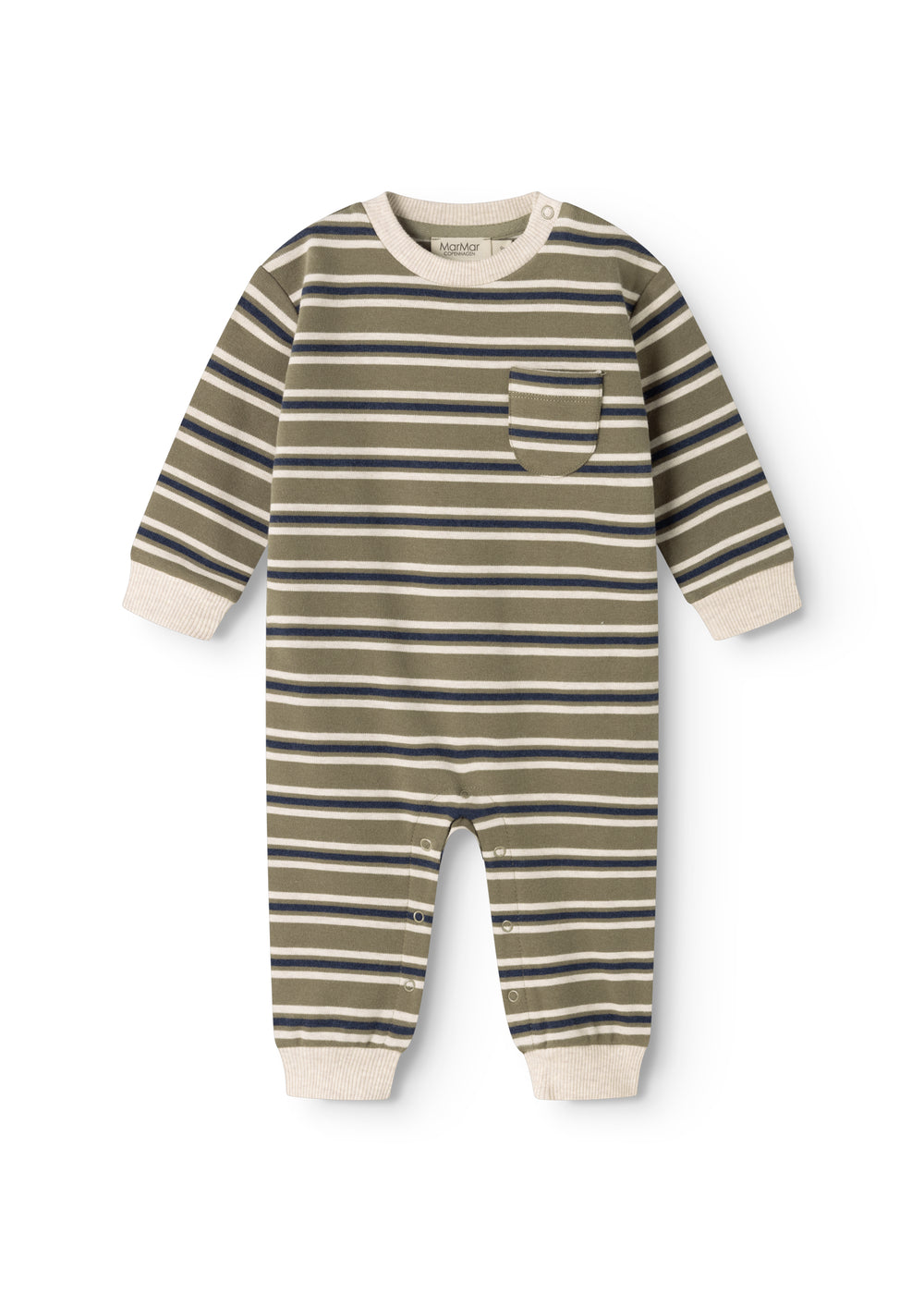 Olive and blue striped jumpsuit with raglan sleeves, ripped cuffs, and chest pocket.